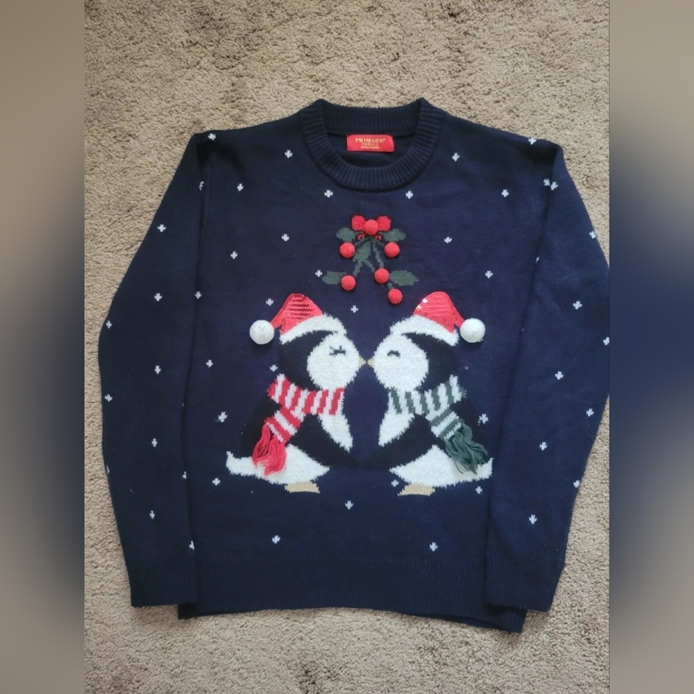 Primark Ugly Christmas Sweater Dark Blue Penguins Small